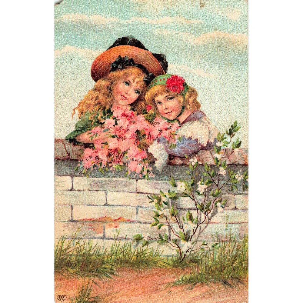 Antique Postcard Two Girls Pink Flowers Garden Stone Wall EAS Germany c1910